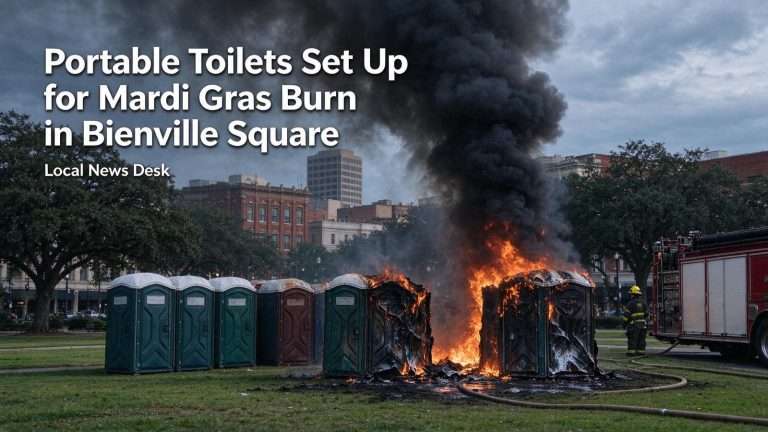 Illustration for the news story: Portable Toilets Set Up for Mardi Gras Burn in Bienville Square