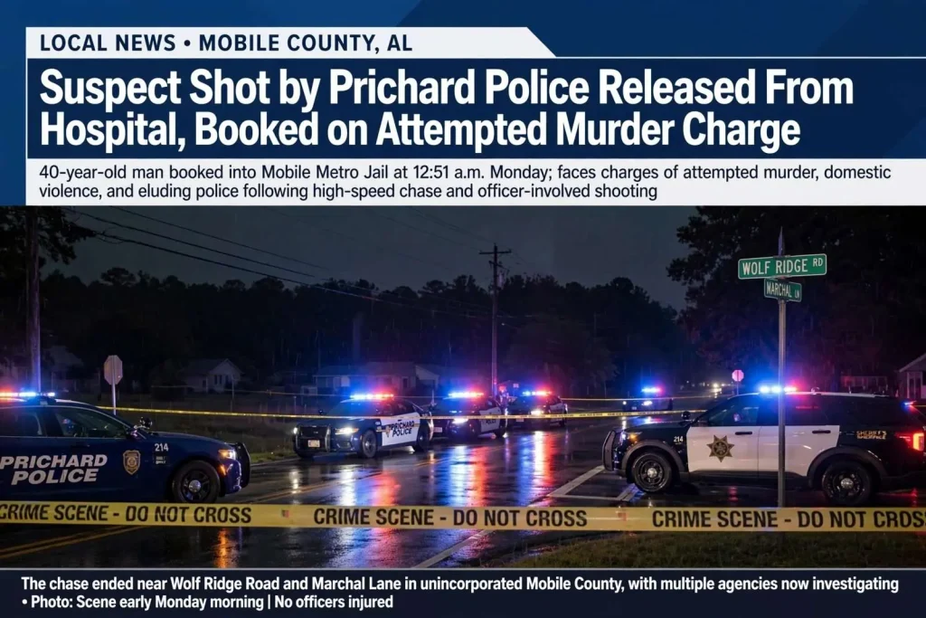 Illustration for the news story: Suspect Shot by Prichard Police Released From Hospital, Booked on Attempted Murder Charge
