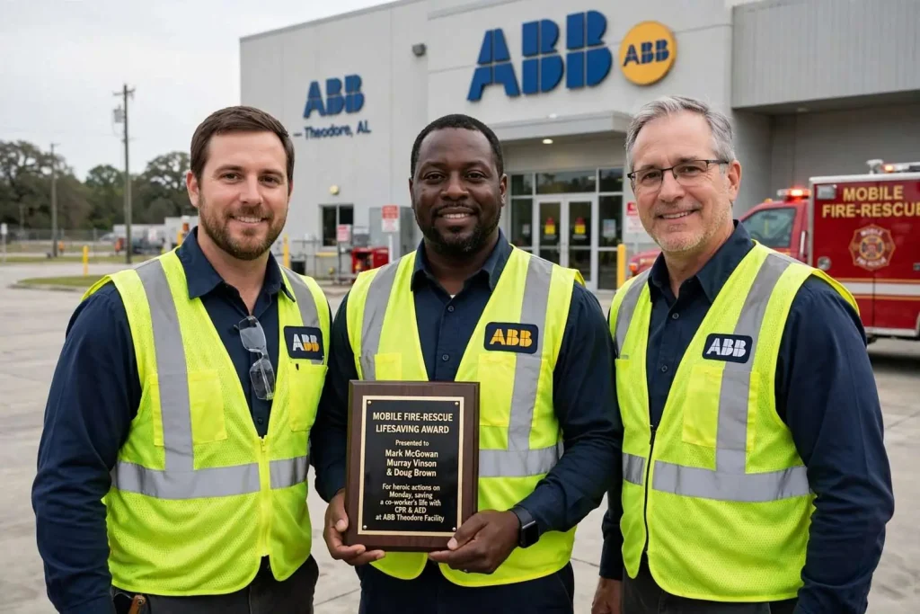 Illustration for the news story: Three ABB Workers in Theodore Use AED to Save Co-Worker’s Life, Earn Fire-Rescue Award