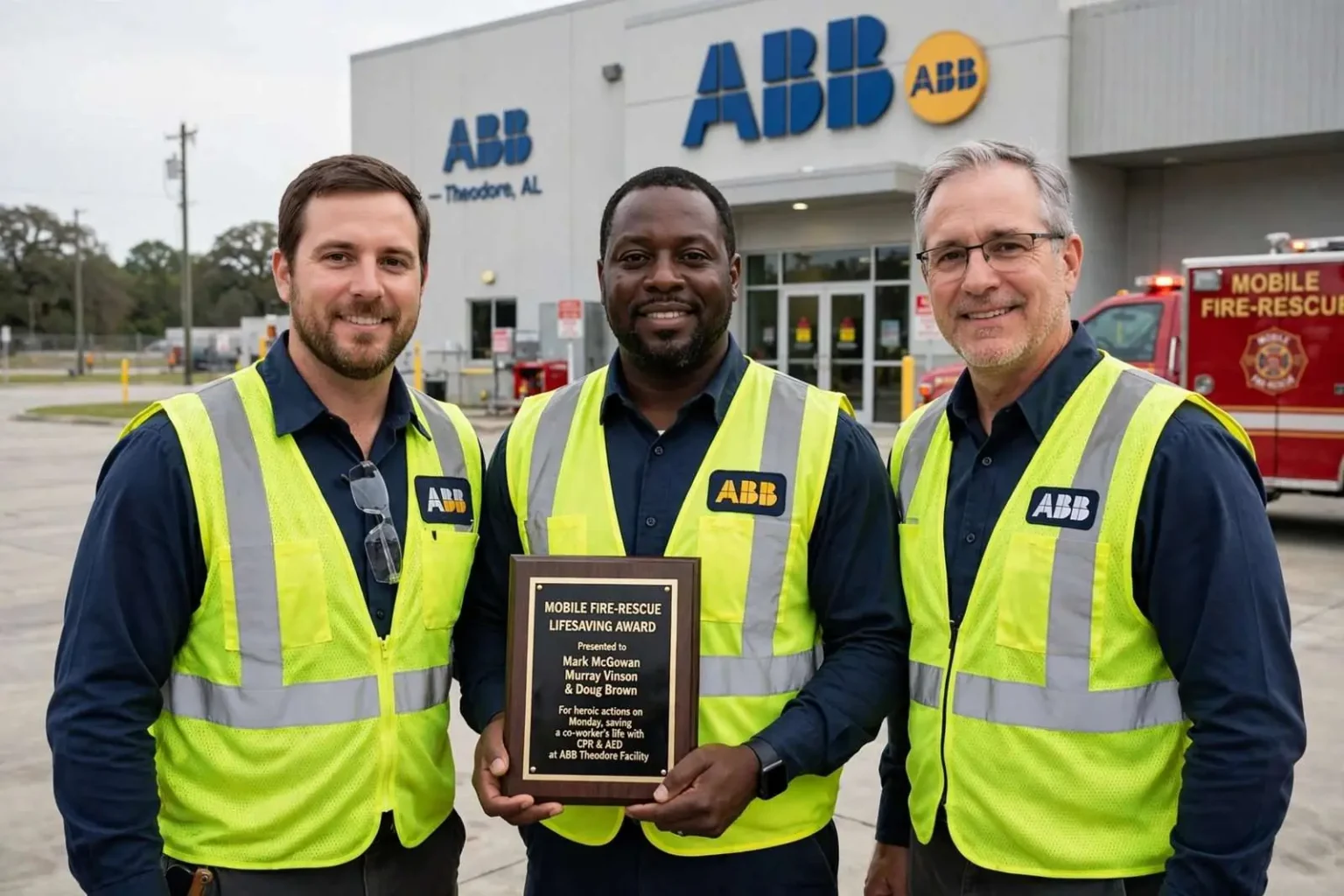 Illustration for the news story: Three ABB Workers in Theodore Use AED to Save Co-Worker’s Life, Earn Fire-Rescue Award