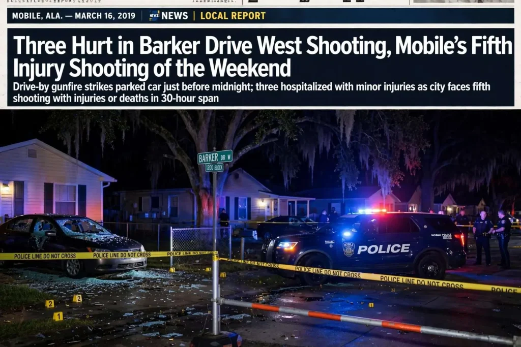 Illustration for the news story: Three Hurt in Barker Drive West Shooting, Mobile’s Fifth Injury Shooting of the Weekend