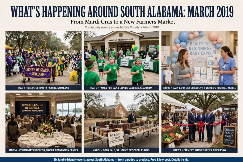 Illustration for the news story: What’s Happening Around South Alabama: March 2019 From Mardi Gras to a New Farmers Market