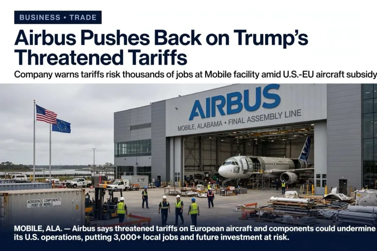 Illustration for the news story: Airbus Pushes Back on Trump’s Threatened Tariffs, Warning of Fallout for Mobile Plant
