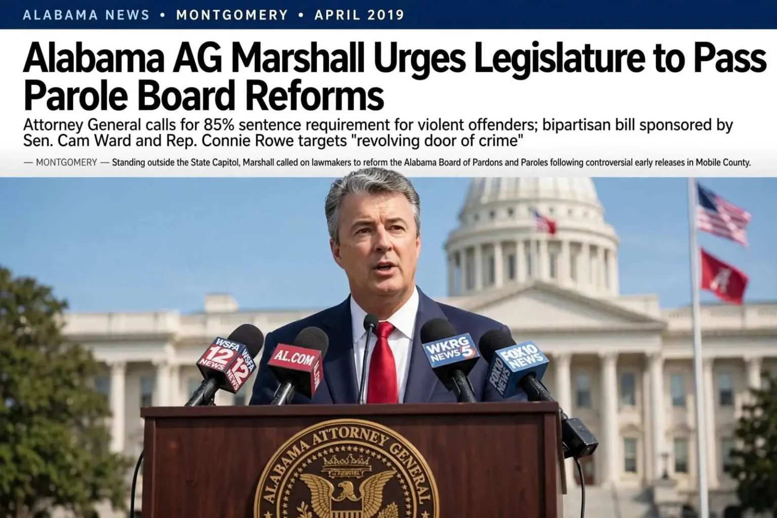 Illustration for the news story: Alabama AG Marshall Urges Legislature to Pass Parole Board Reforms