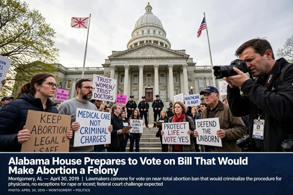 Illustration for the news story: Alabama House Prepares to Vote on Bill That Would Make Abortion a Felony