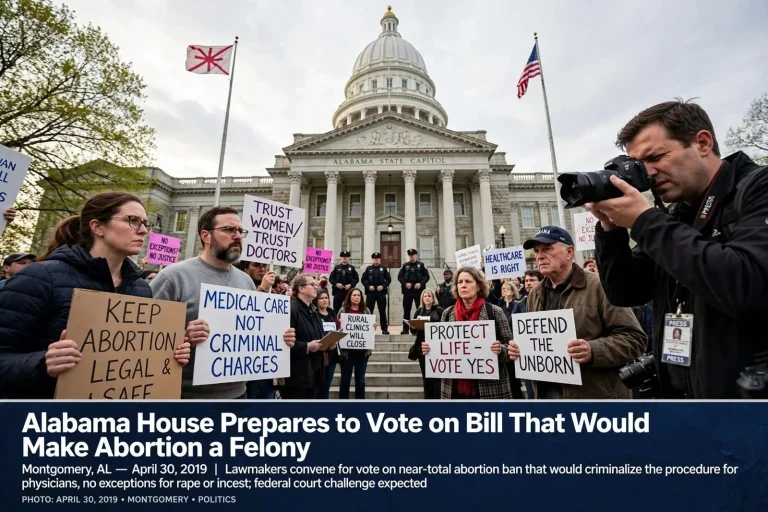 Illustration for the news story: Alabama House Prepares to Vote on Bill That Would Make Abortion a Felony