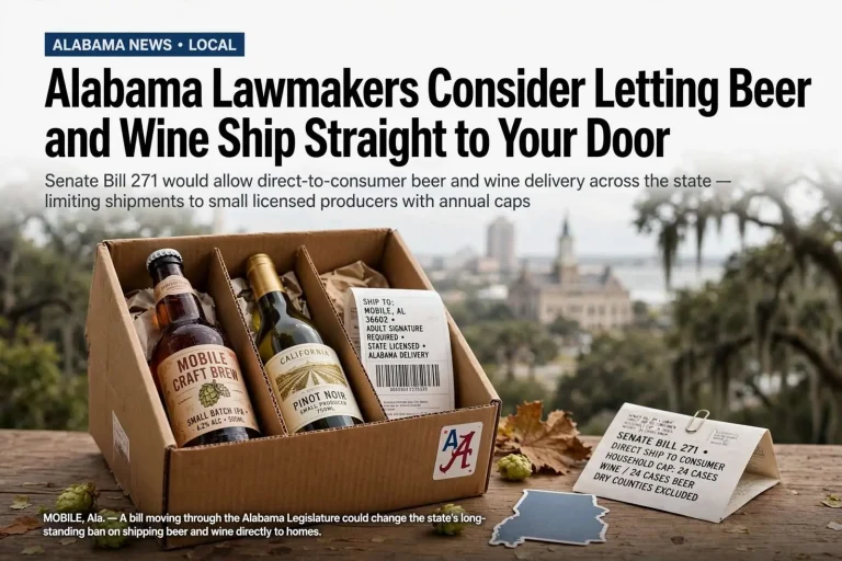 Illustration for the news story: Alabama Lawmakers Consider Letting Beer and Wine Ship Straight to Your Door