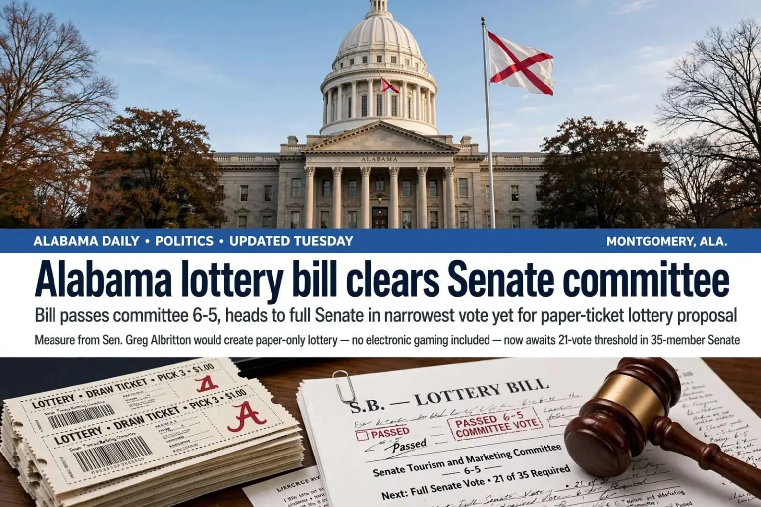 Illustration for the news story: Alabama lottery bill clears Senate committee