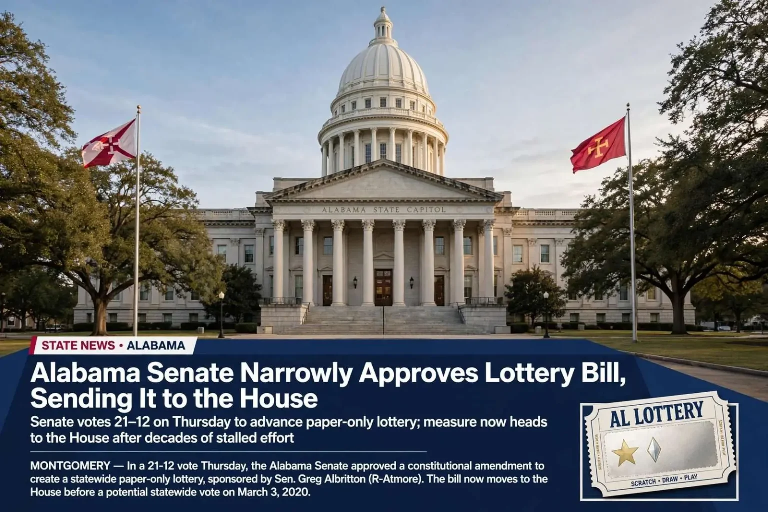 Illustration for the news story: Alabama Senate narrowly approves lottery bill, sending it to the House