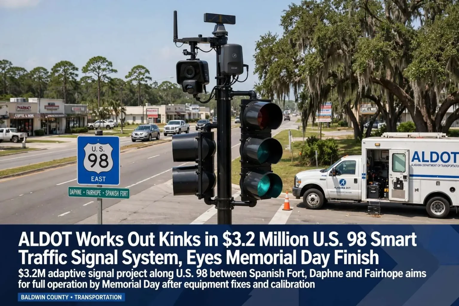 Illustration for the news story: ALDOT Works Out Kinks in $3.2 Million U.S. 98 Smart Traffic Signal System, Eyes Memorial Day Finish