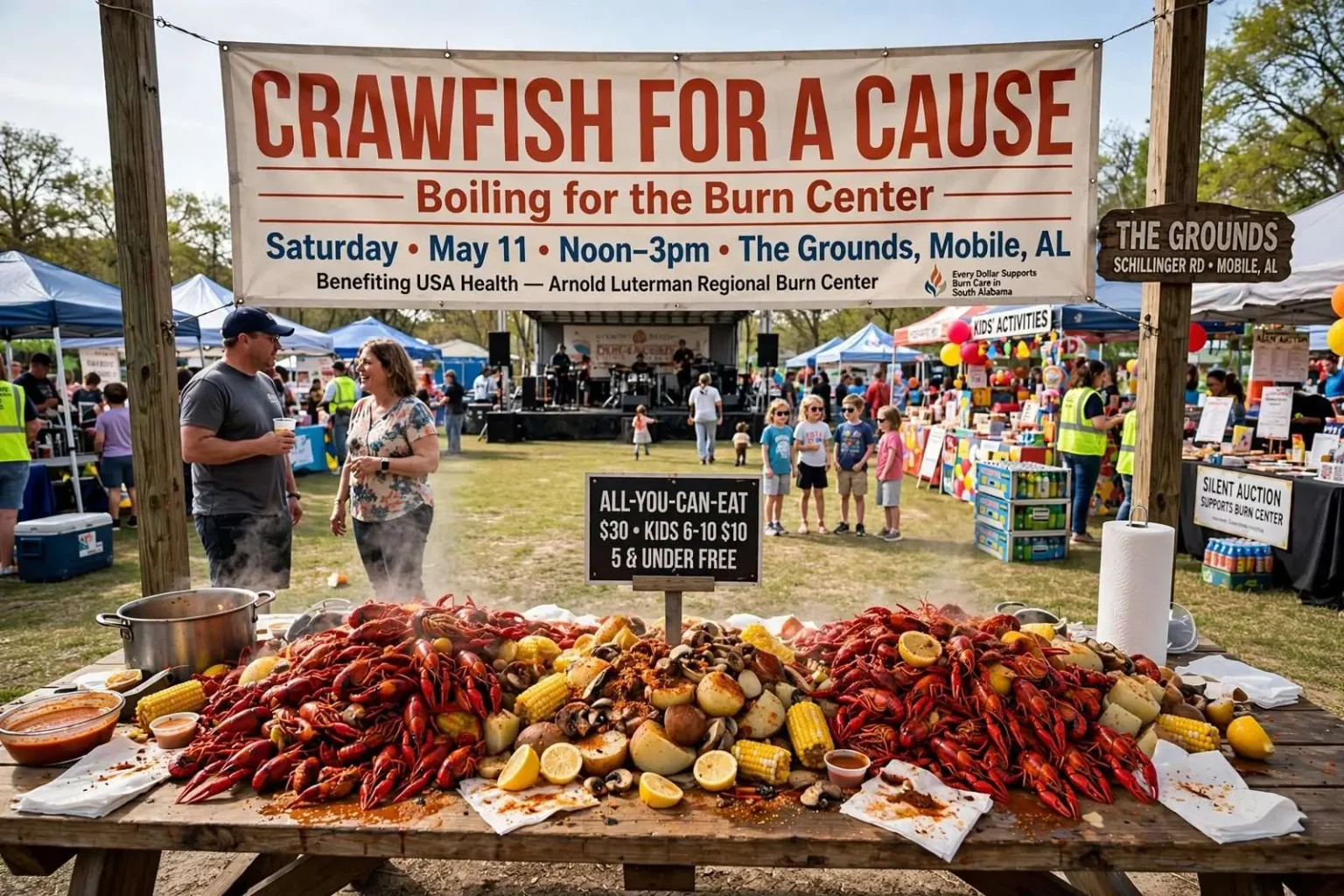 Illustration for the news story: All-You-Can-Eat Crawfish for a Cause Set for The Grounds: Boiling for the Burn Center