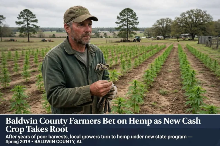 Illustration for the news story: Baldwin County Farmers Bet on Hemp as New Cash Crop Takes Root