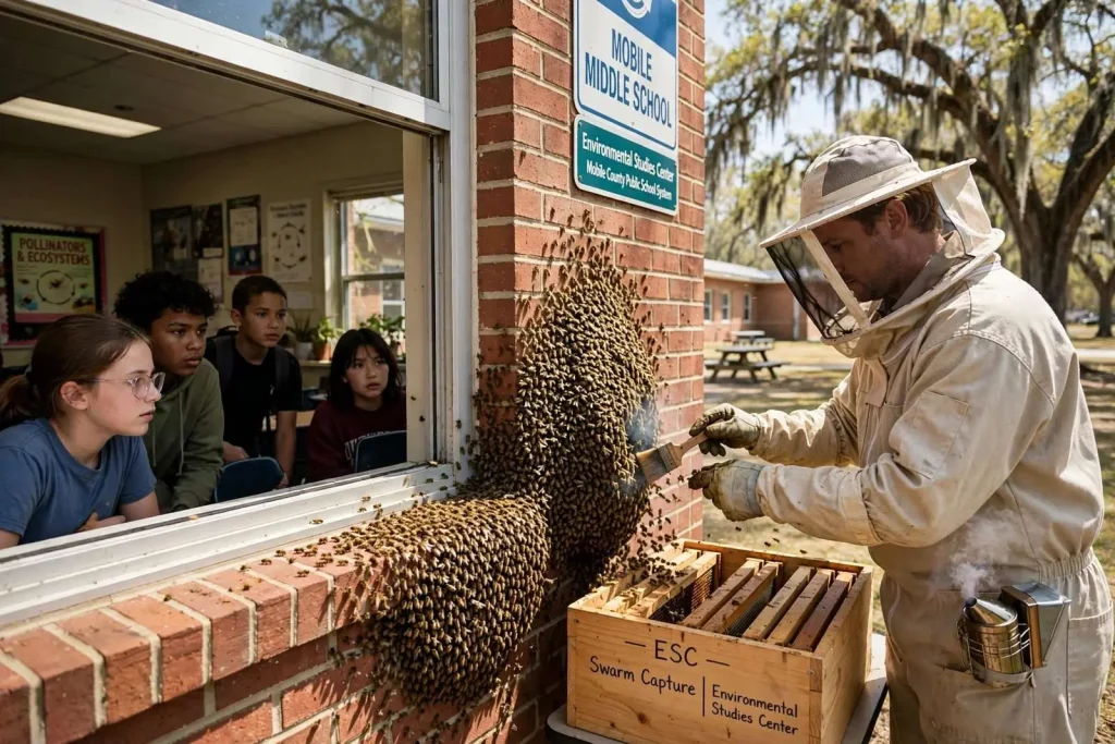 Illustration for the news story: Beekeeper clears buzzing swarm at Mobile middle school