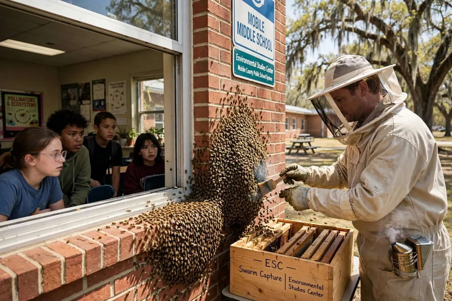 Illustration for the news story: Beekeeper clears buzzing swarm at Mobile middle school
