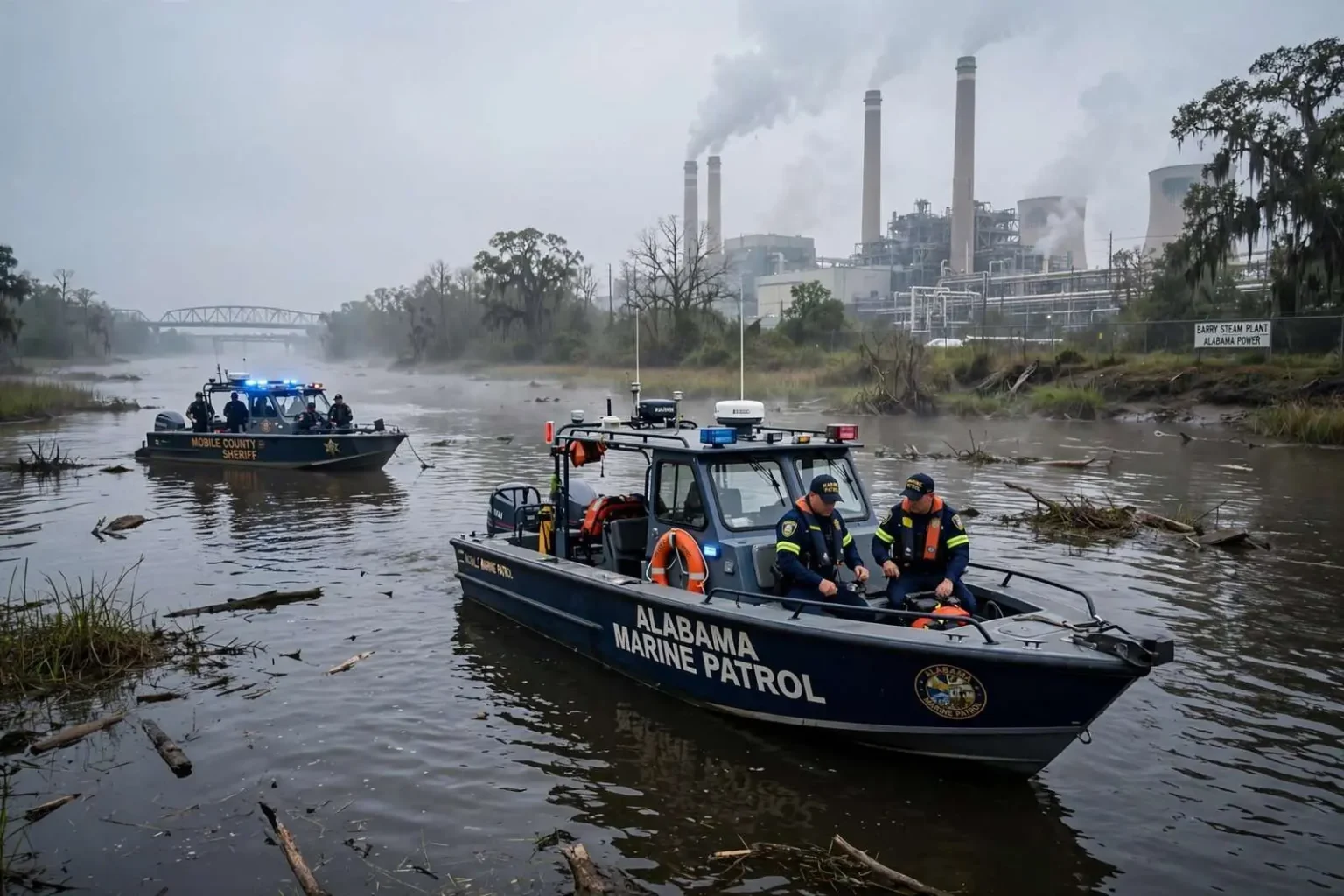 Illustration for the news story: Body of Missing Boater Found in Mobile River Four Days After Boat Accident Near Barry Steam Plant
