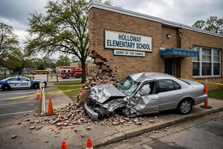 Illustration for the news story: Car crashes into Holloway Elementary School in Mobile