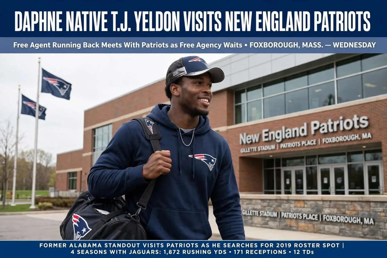 Illustration for the news story: Daphne native T.J. Yeldon visits New England Patriots