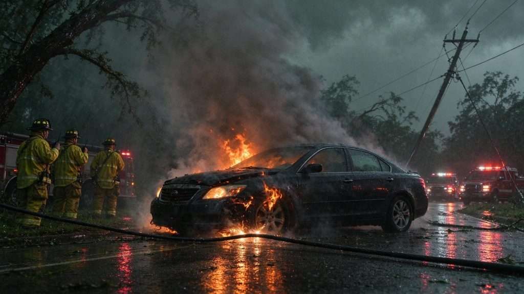 Illustration for the news story: Downed Power Line Sets Vehicle Ablaze in Saraland During Tornado Warning