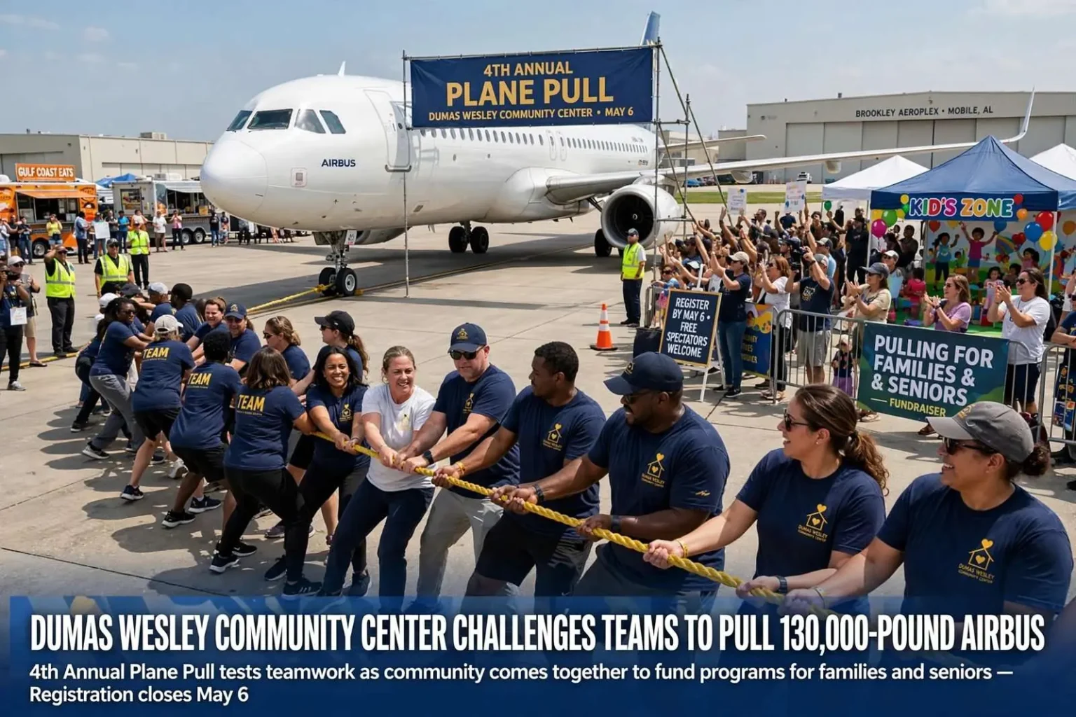 Illustration for the news story: Dumas Wesley Community Center Challenges Teams to Pull a 130,000-Pound Airbus