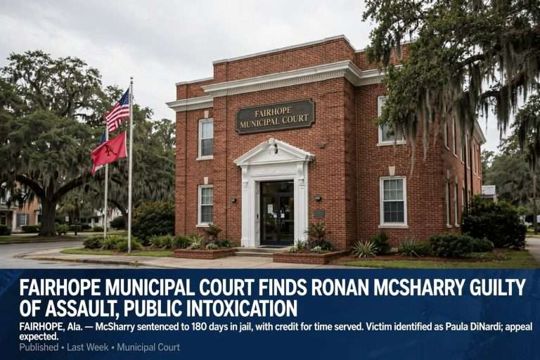 Illustration for the news story: Fairhope Municipal Court Finds Ronan McSharry Guilty of Assault, Public Intoxication