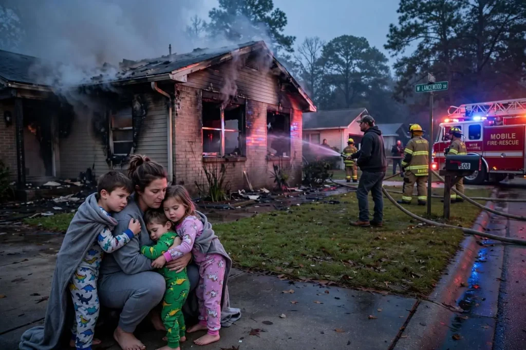 Illustration for the news story: Family Escapes Early-Morning House Fire on Lancewood Drive in West Mobile