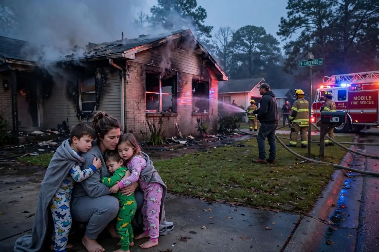 Illustration for the news story: Family Escapes Early-Morning House Fire on Lancewood Drive in West Mobile