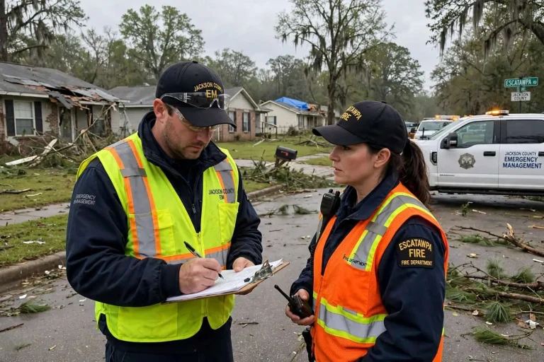 Illustration for the news story: First responders survey possible tornado damage in Escatawpa, Mississippi