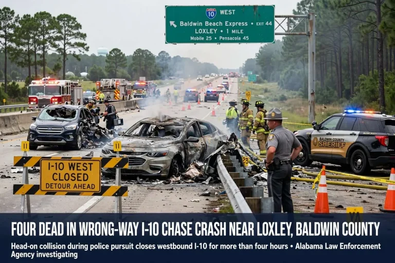 Illustration for the news story: Four dead in wrong-way I-10 chase crash near Loxley, Baldwin County