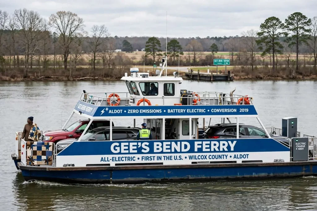 Illustration for the news story: Gee’s Bend Ferry Becomes First All-Electric Vehicle Ferry in the United States