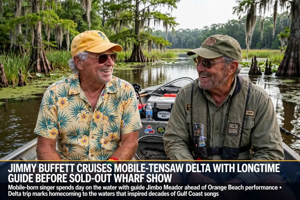 Illustration for the news story: Jimmy Buffett Cruised the Mobile-Tensaw Delta With an Old Friend Before His Sold-Out Wharf Show