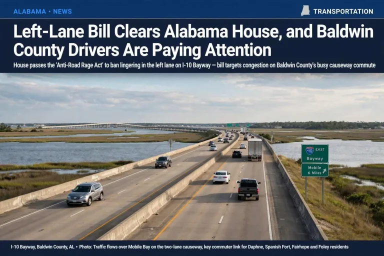 Illustration for the news story: Left-Lane Bill Clears Alabama House, and Baldwin County Drivers Are Paying Attention