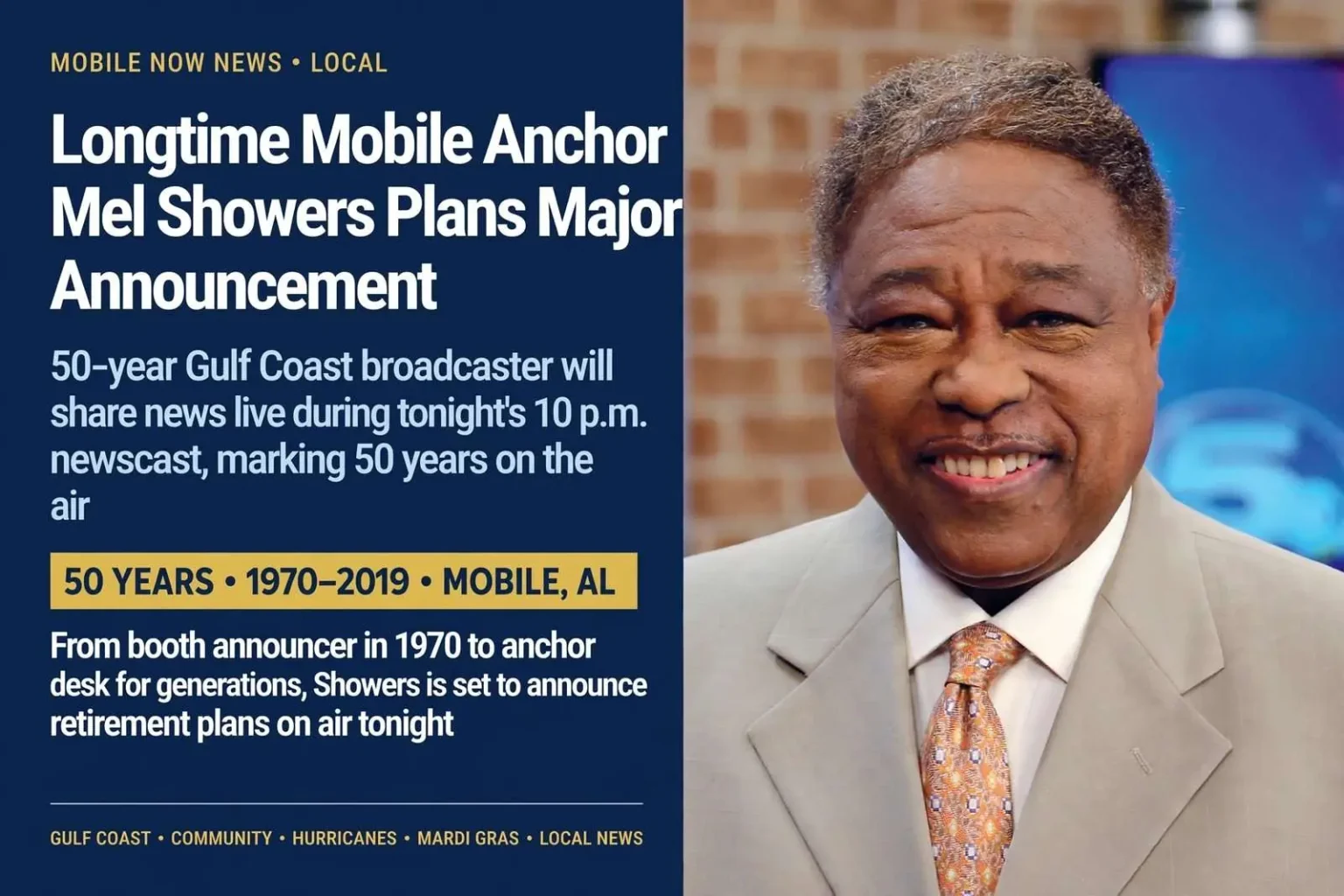 Illustration for the news story: Longtime Mobile Anchor Mel Showers Plans Major Announcement