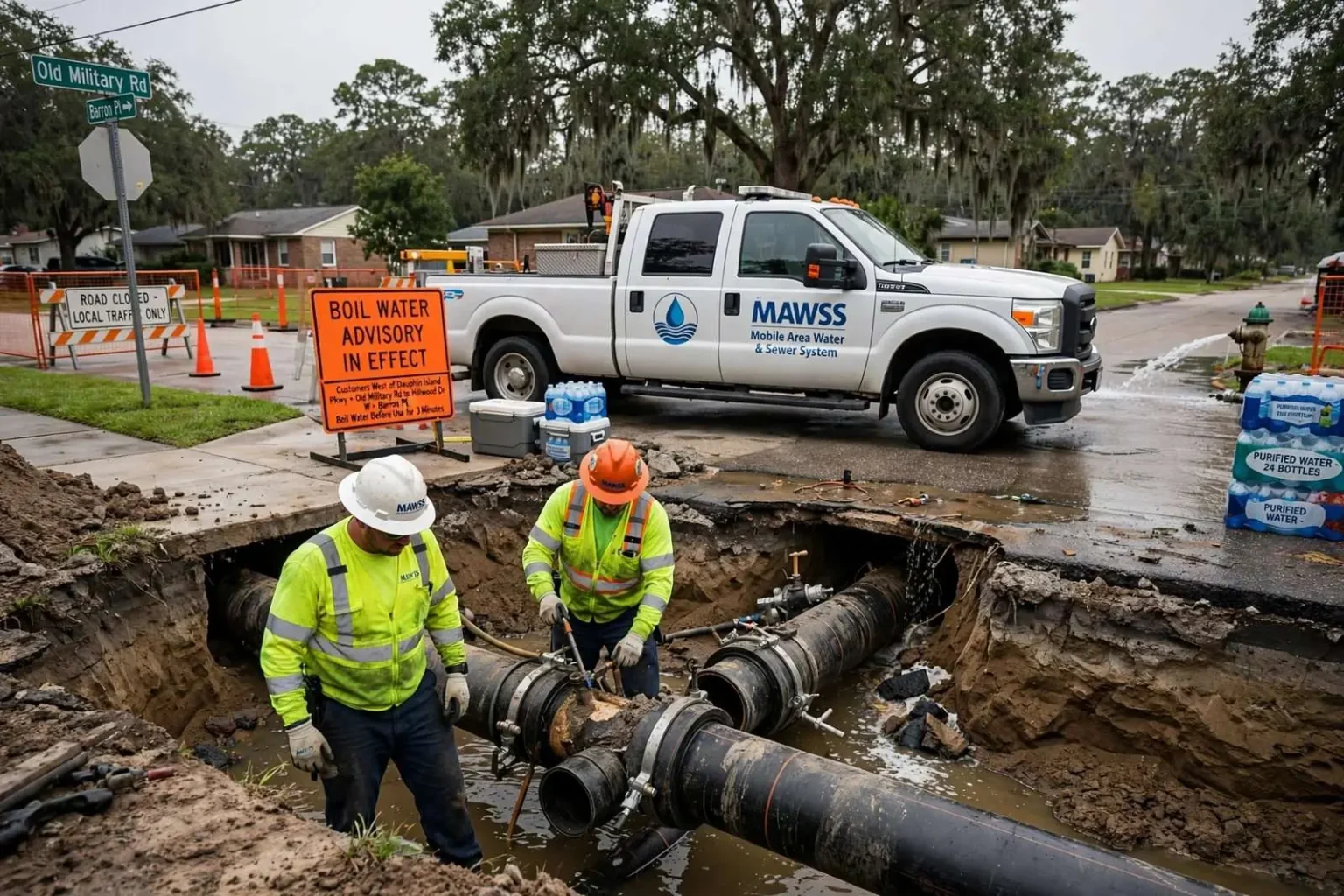 Illustration for the news story: MAWSS Repairs Water Main Break on Old Military Road, Issues Boil Water Advisory