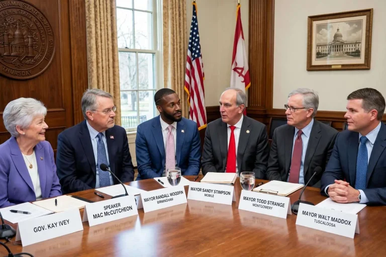 Illustration for the news story: Mayors of Alabama’s five largest cities meet with state lawmakers in Montgomery