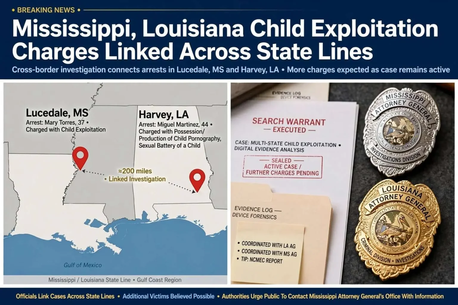 Illustration for the news story: Mississippi, Louisiana child exploitation charges linked across state lines