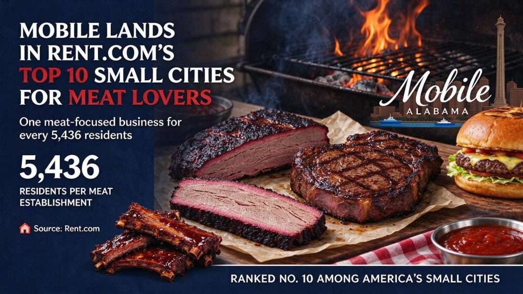 Illustration for the news story: Mobile Lands in Rent.com’s Top 10 Small Cities for Meat Lovers