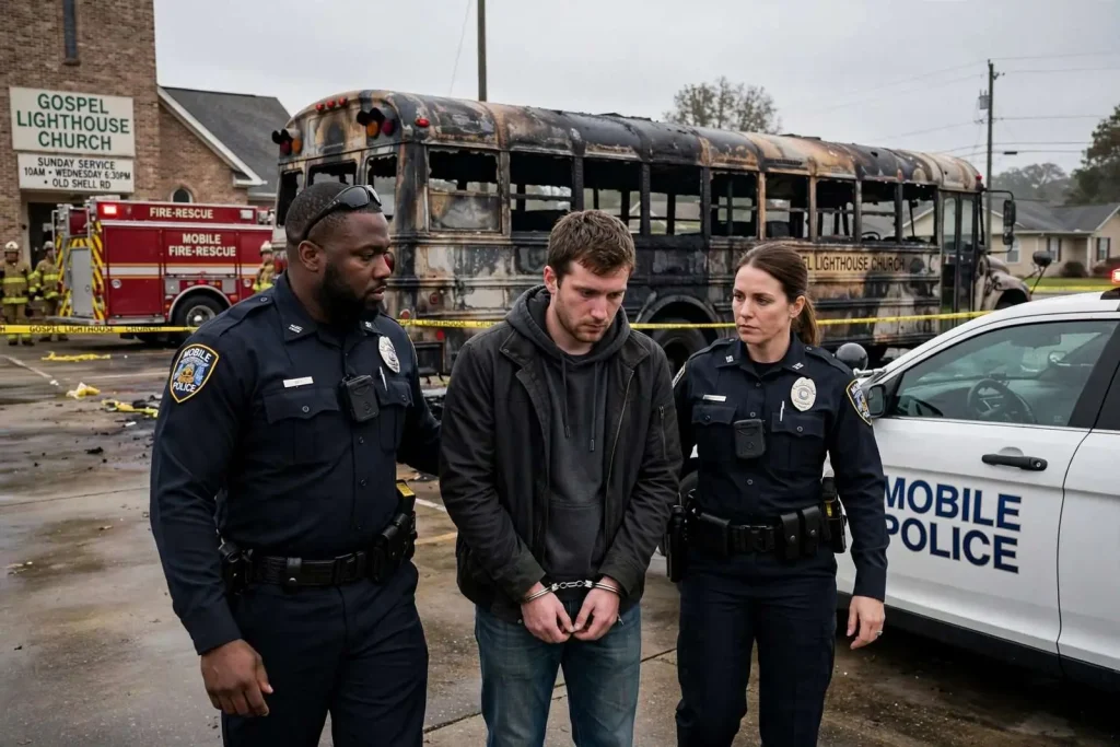 Illustration for the news story: Mobile man arrested for allegedly setting church bus on fire