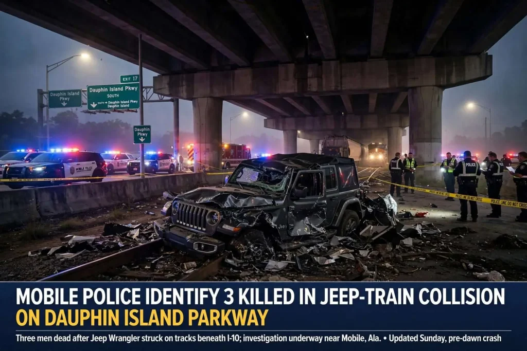 Illustration for the news story: Mobile Police identify 3 killed in Jeep-train collision on Dauphin Island Parkway