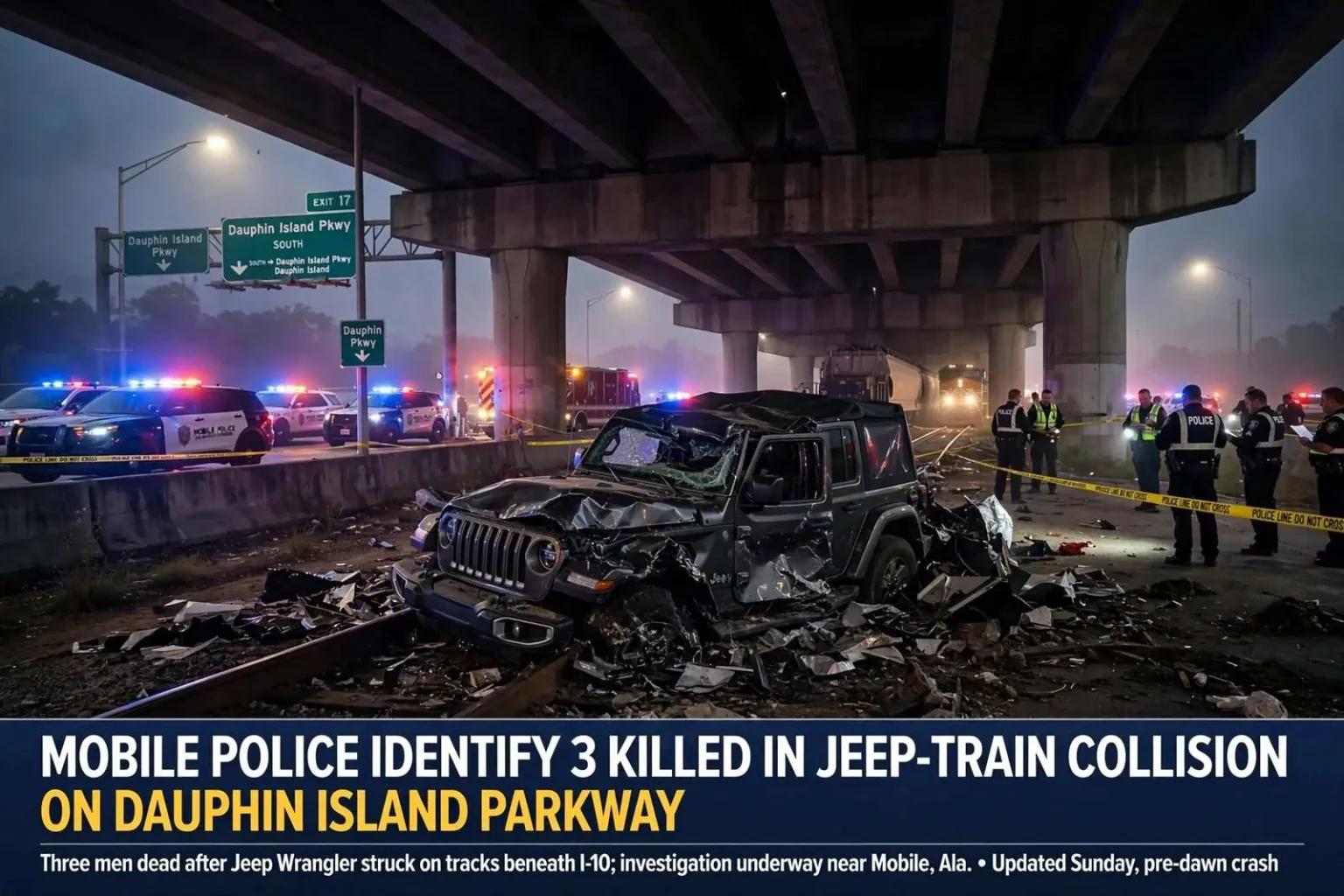 Illustration for the news story: Mobile Police identify 3 killed in Jeep-train collision on Dauphin Island Parkway