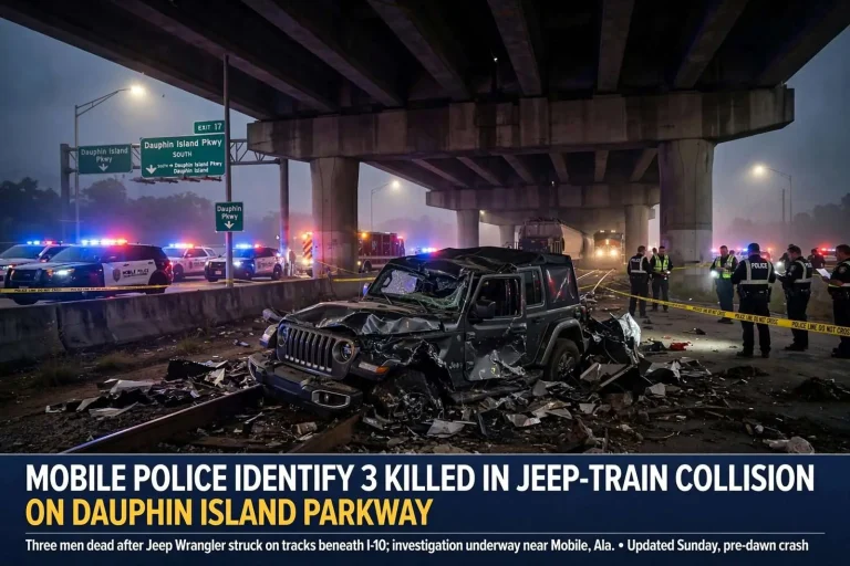 Illustration for the news story: Mobile Police identify 3 killed in Jeep-train collision on Dauphin Island Parkway