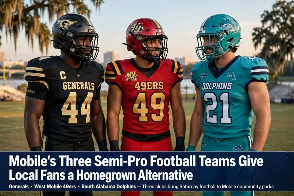 Illustration for the news story: Mobile’s Three Semi-Pro Football Teams Give Local Fans a Homegrown Alternative