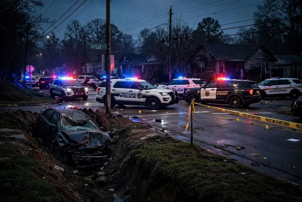 Illustration for the news story: Officer Injured, Fleeing Suspect Killed When Backup Patrol Vehicle Struck Both in Prichard Chase
