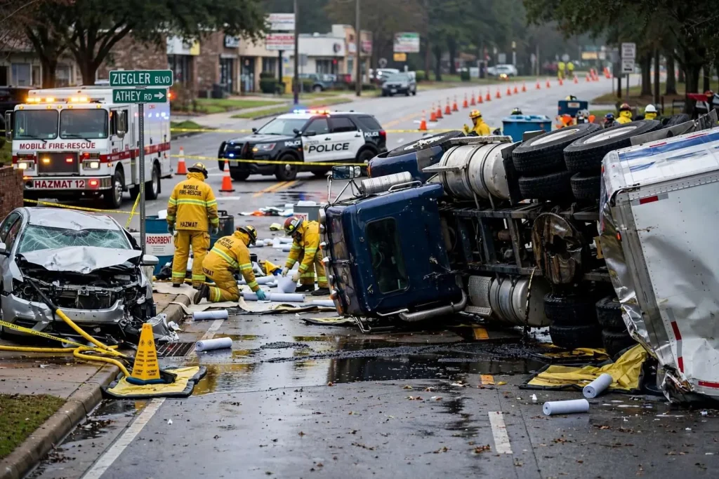 Illustration for the news story: Overturned 18-Wheeler Spills 150 Gallons of Diesel on Ziegler Boulevard