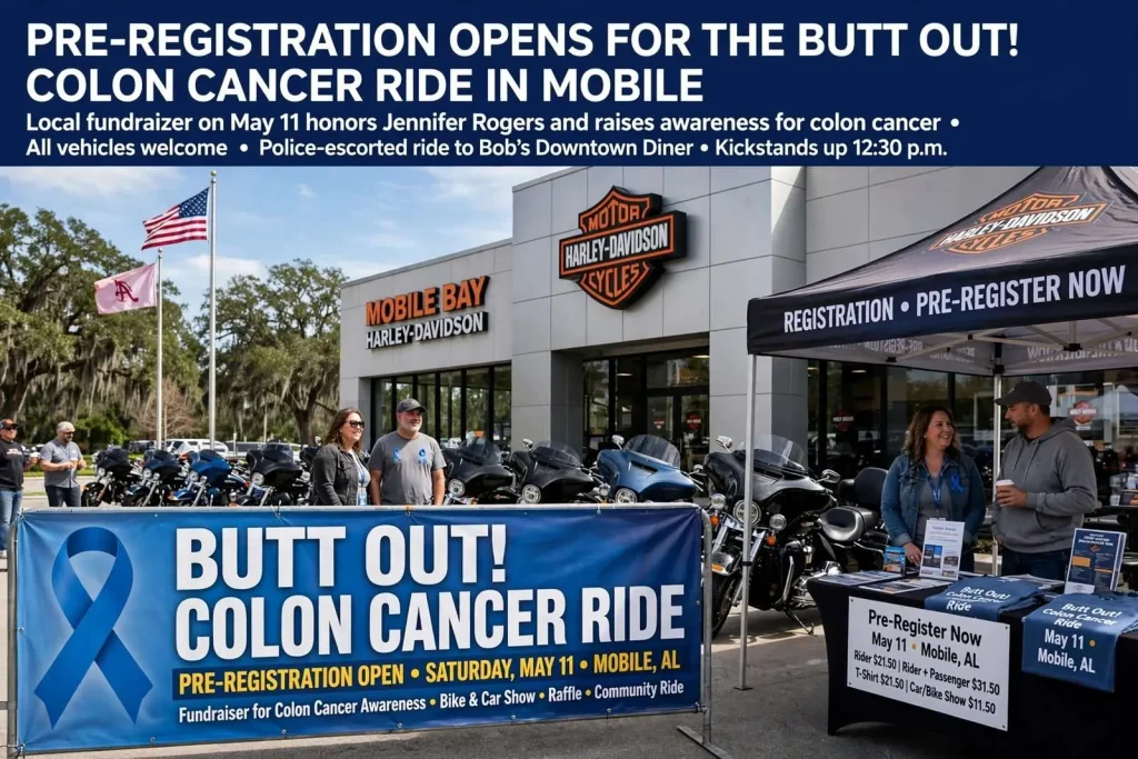 Illustration for the news story: Pre-Registration Opens for the Butt Out! Colon Cancer Ride in Mobile