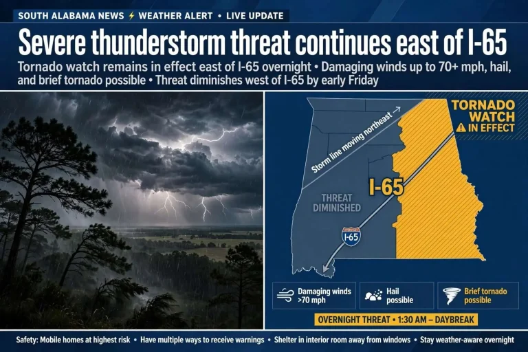 Illustration for the news story: Severe thunderstorm threat continues east of I-65