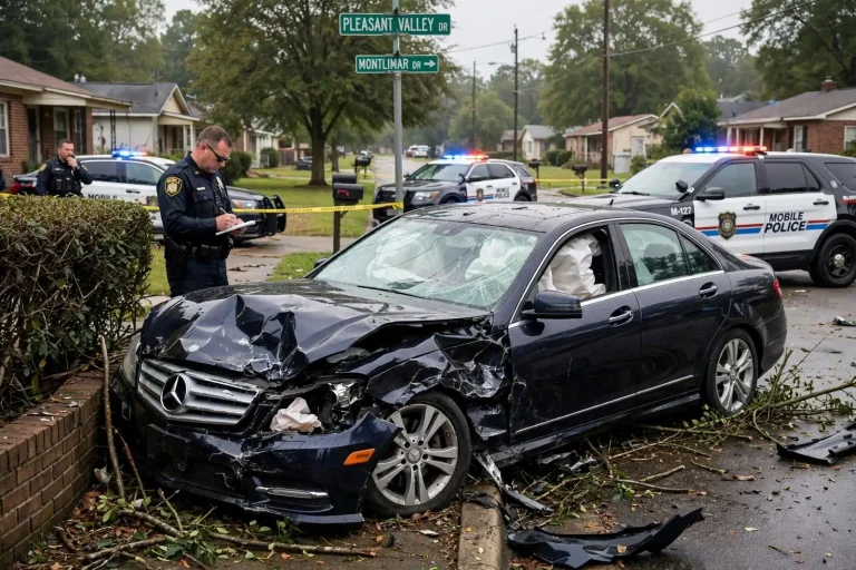 Illustration for the news story: Stolen Mercedes Crashes After Brief Mobile Police Chase