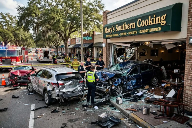Illustration for the news story: Three-Car Crash Sends Vehicle Into Mary’s Southern Cooking on Spring Hill Avenue