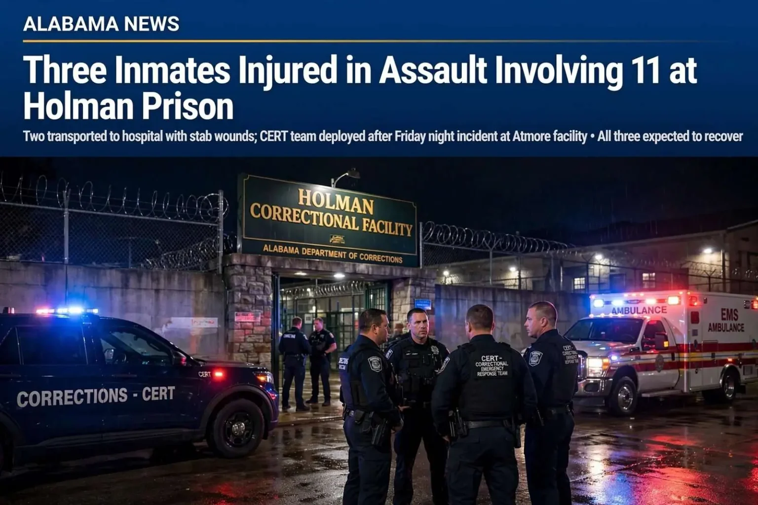 Illustration for the news story: Three Inmates Injured in Assault Involving 11 at Holman Prison