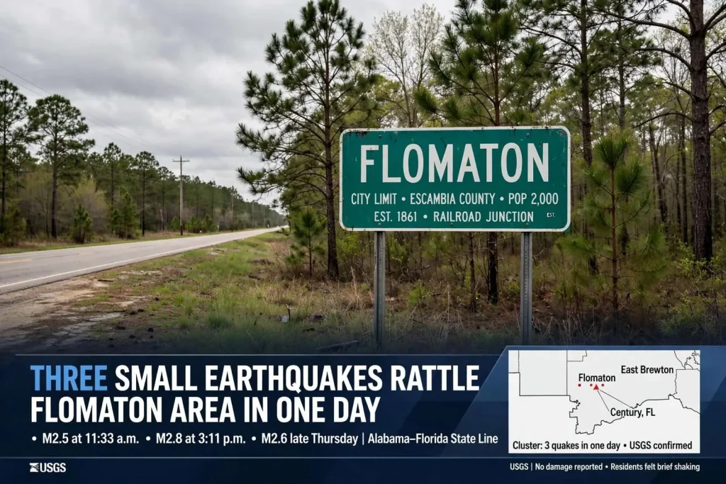 Illustration for the news story: Three Small Earthquakes Rattle the Flomaton Area in One Day