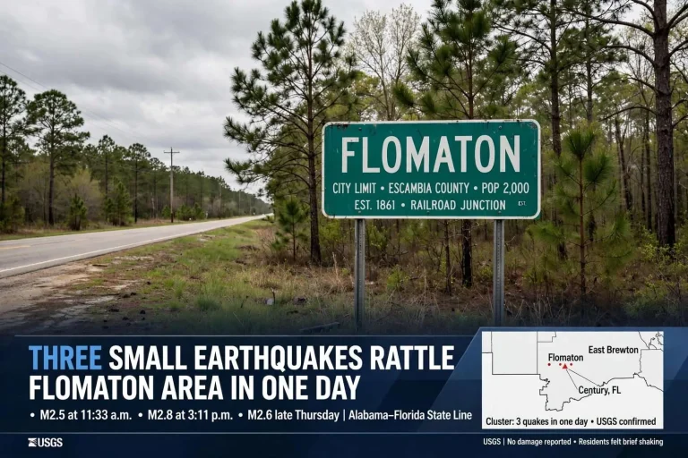 Illustration for the news story: Three Small Earthquakes Rattle the Flomaton Area in One Day